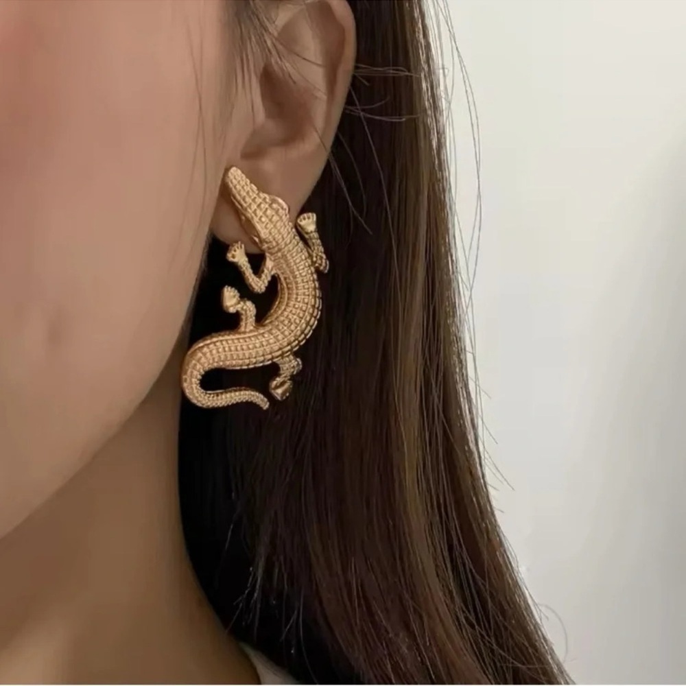 Alligator Gold Textured Statement Earrings - Picture 2 of 15